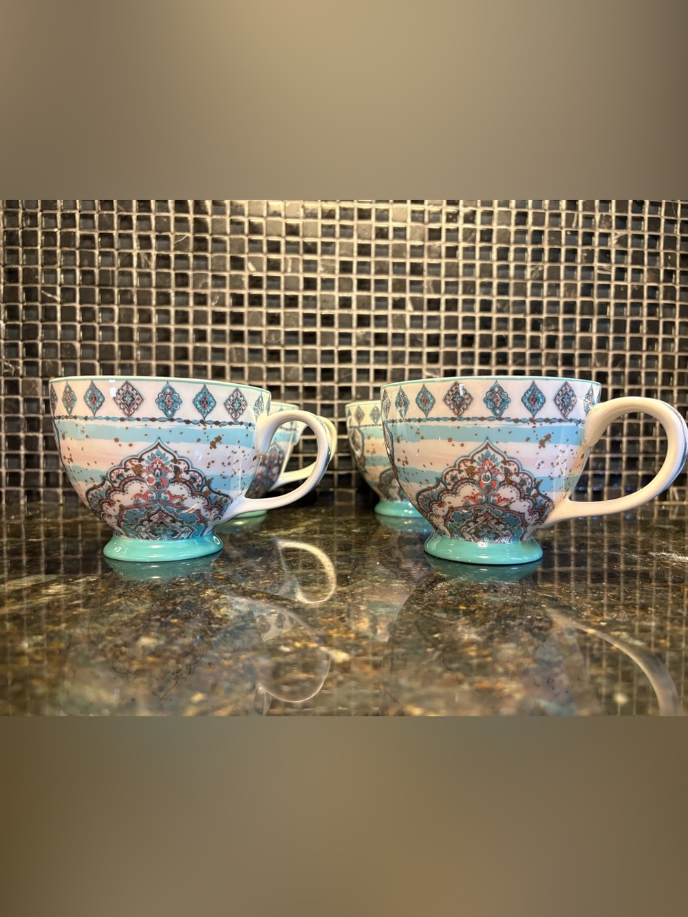 Potter’s Studio Set of 4 Footed Pedestal Coffee Tea Mugs 14 oz Boho Paisley